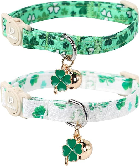 2Pack St. Patrick's Day Cat Collars, Spring Green Shamrock Cat Collars with Safety Buckle for Cats