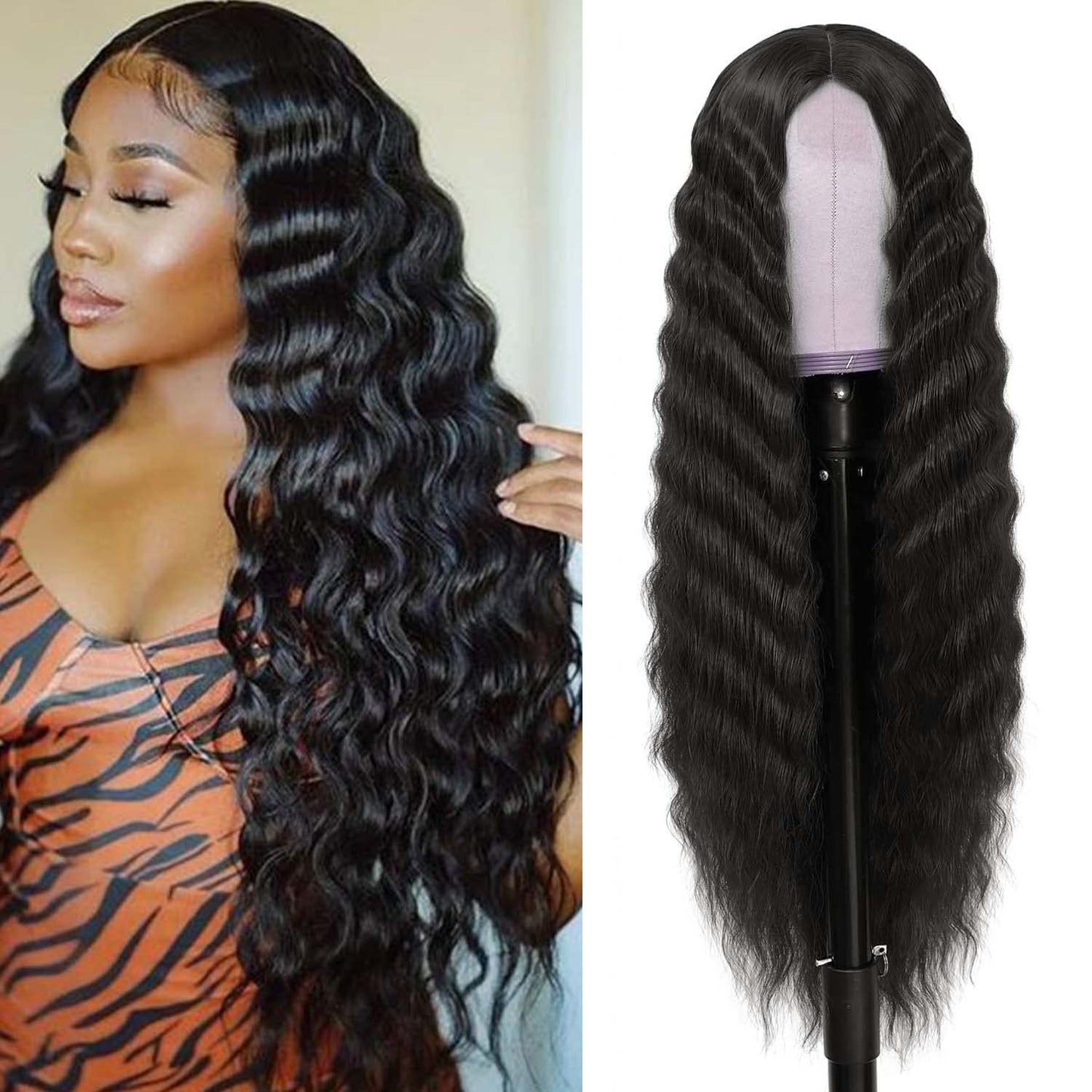 Instastyle 30 Inch Synthetic Curly Wigs For Women Long Black Hair Wig Lace Front 4'' Simulated Scalp Natural Loose Deep Wave Cri