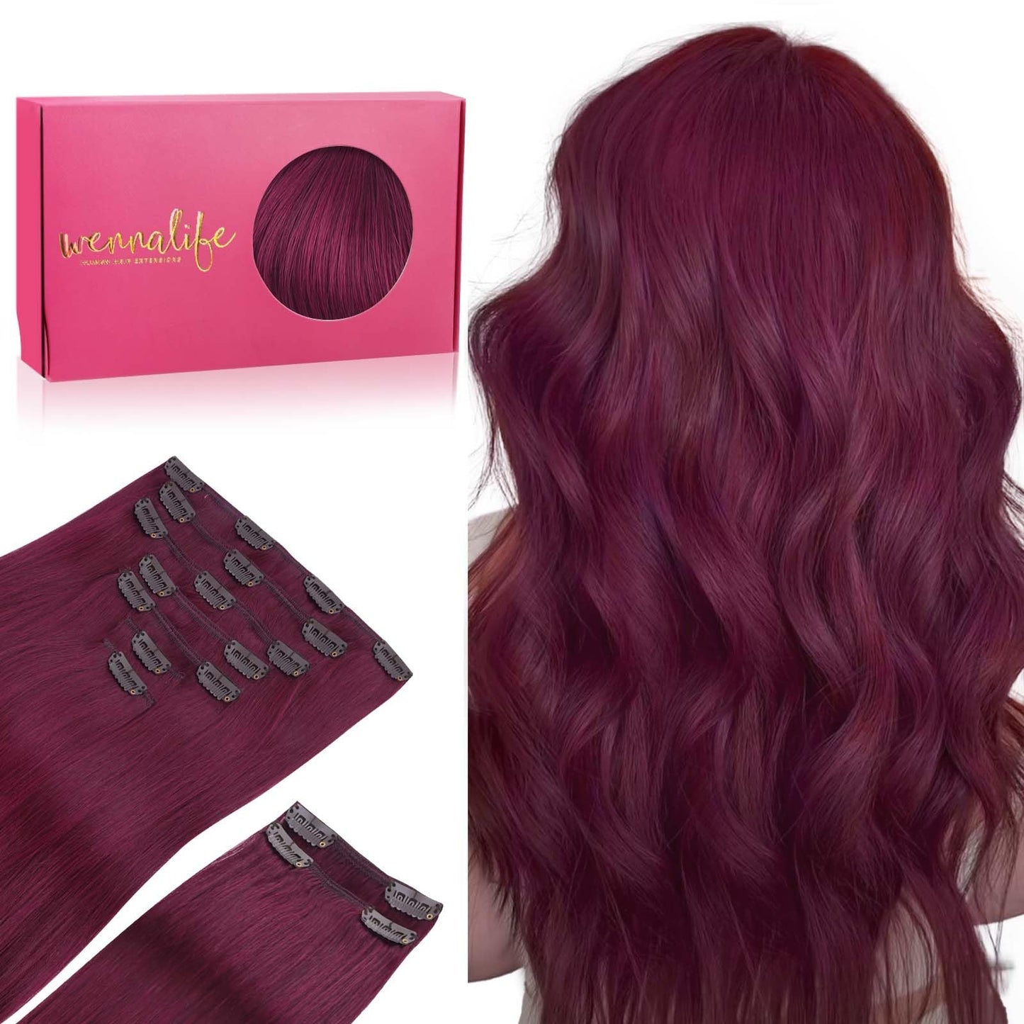 Wennalife Clip In Hair Extensions, 150G 24 Inch 9Pcs Light Burgundy Human Hair Extensions Thicker Clip In Hair Extensions Real H
