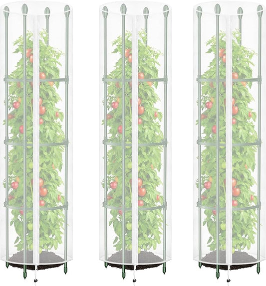 3 Pcs Round Tomato Cage Bird Netting Plant Cover, 59" x 15.7" Insect Bird Barrier Tomato Cage Protection Cover with Zipper & Drawstring for Protecting Tomatoes, Fruit, Trellis Plants