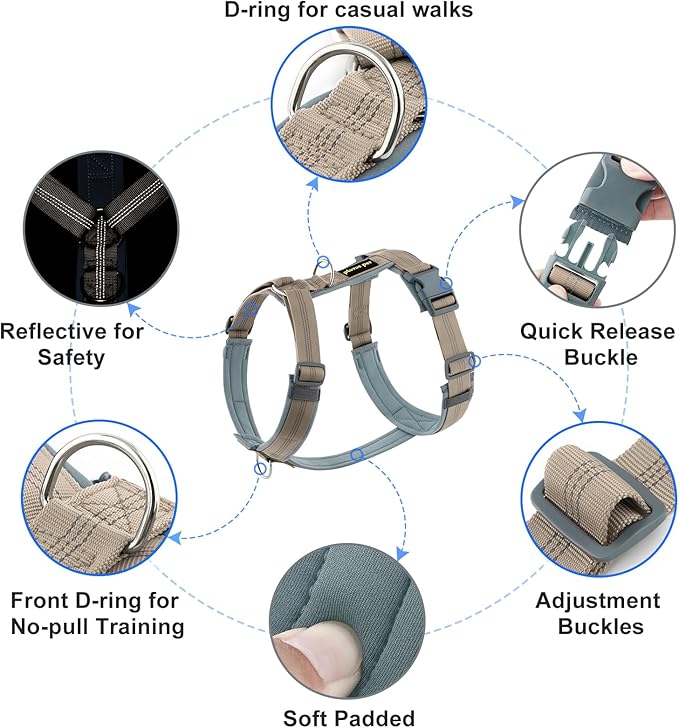 Plutus Pet No Pull Dog Harness, Adjustable Nylon Harness with Soft Padding, Reflective and Heavy Duty Dog Harness for Small, Medium, Large Dogs(Beige, S)