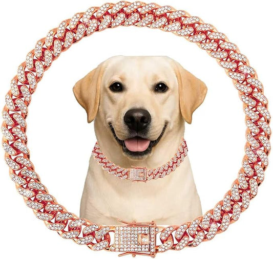 Cuban Link Dog Chain Collar Rose Gold Crystal Dog Necklace Metal with Design Secure Buckle Pet Collar Jewelry Accessories for Small Medium Large Dogs Cats(Rose Glod 22inch)