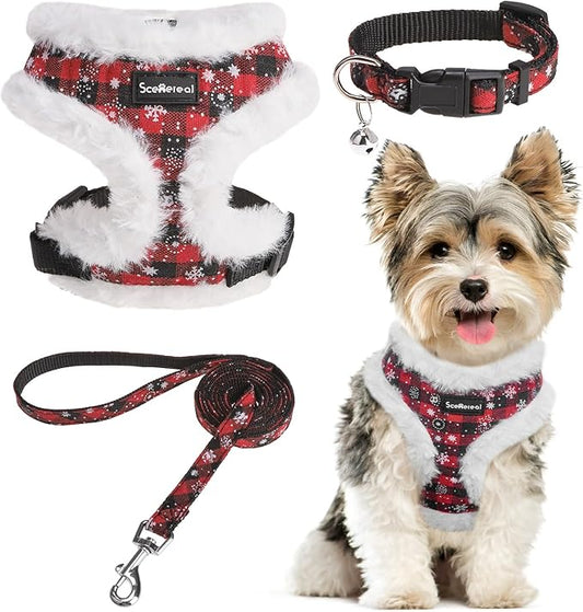 SCENEREAL Dog Christmas Harness Collar and Leash Set, Warm Fleece No Pull Puppy Vest Harnesses No Chock Adjustable Small Pet Halter for Outdoor Walking Training, Black Red Plaid XS