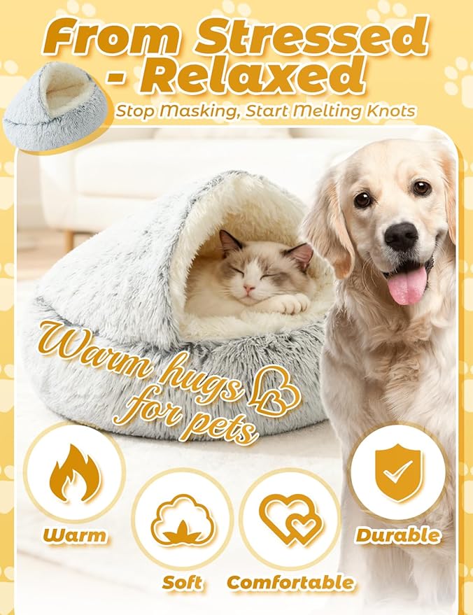 Dog Bed, Dog Bed with Cover Cave, Dual Comfort Design, Pet Bed for Small/Medium/Large Cats and Dogs, Anxiety Relief, Durable & Chew-Proof, Improves Sleep & Behaviour (Pink, 24in)