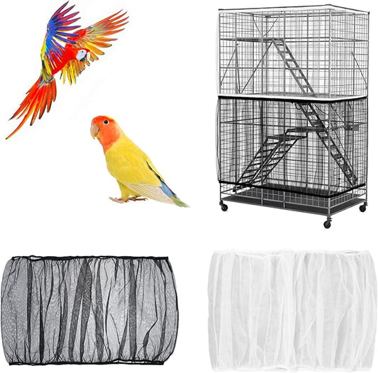 2PCS Bird Cage Seed Catcher, Nylon Adjustable Elastic Bird Cage Net Cover Skirt Guard, Universal Birdcage Accessories for Parrot Canary Parakeet Cockatiel Budgie Quail (Black, White)