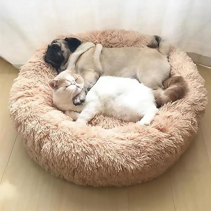 Calming Dog Bed for Small Dogs, Calming Donut Cuddler Pet Bed Anti Anxiety Round Dog Bed Fluffy Plush Faux Fur Cat Bed,Navy Blue,27.5IN