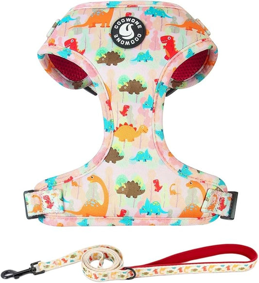 Adjustable Dog Harness and Leash Set for Girl Air Mesh Dog Vest Harness 5Ft Pet Training Leash with Soft Handle Pet Escape Proof for Small Medium Large Dogs (Dinosaur, S)