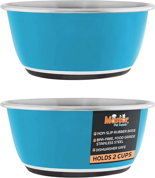Master Pet Supply Stainless Steel Dog Bowls Set of 2 (16 Oz Each) with Non-Slip Rubber Base - True Blue - Basic Dog Food Bowl Water & Food Bowls for Small Medium Large Dogs & Cats, Metal Dish