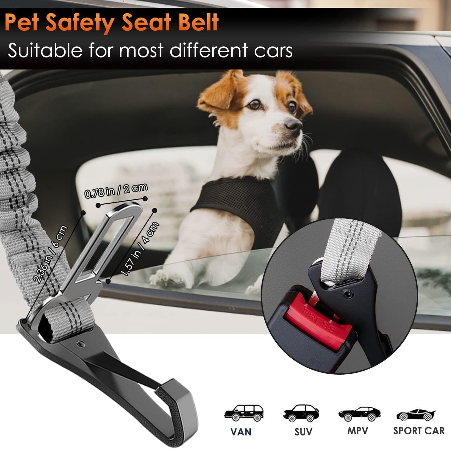 SlowTon 2 Pack Dog Seat Belt, 2 in 1 Attachment, Hook Latch Bar or Seatbelt Buckle with Elastic Nylon Bungee Buffer Adjustable Reflective Nylon Safety Belt Tether Connect to Dog Harness (2pack-GY)