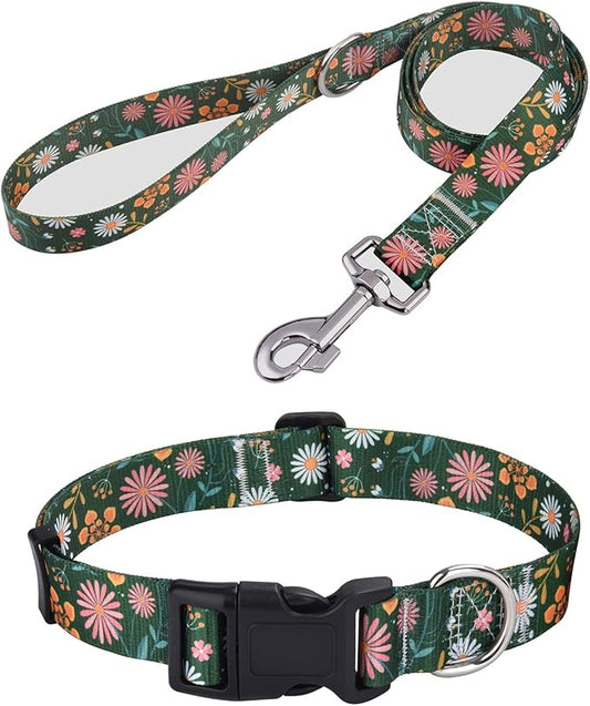 Dog Collar and Leash Set with Bohemia Floral Tribal Geometric Patterns - Soft Ethnic Style Collar Adjustable for Small Medium Large Dogs(Dark Green Flower Set,L)