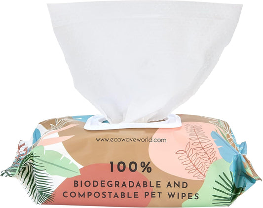 Eco Wave Hypoallergenic Plant-Based Pet Wipes, Dog and Cat Grooming Wipes for Face, Ears, Body, Butt, and Paws, Fragrance Free, Compostable, 100 Count