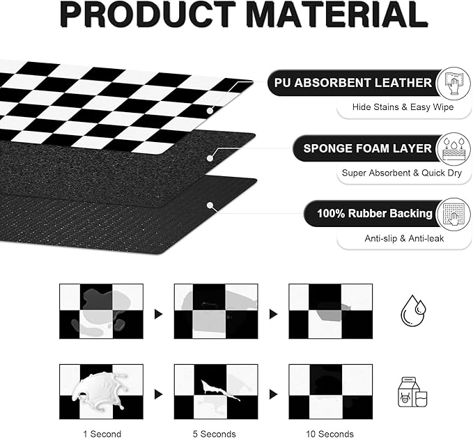 Cat Food Mat - 12"x 20" Cat Dog Mats for Food and Water Bowl, Checkered Pet Placemat Feeding Mat, Non-Slip Under Pet Bowls Mats for Messy Drinkers, Black & White