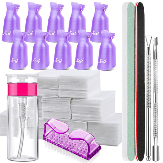 Fandamei Nail Polish Gel Remover Tools Kit, 10 Pcs Purple Nail Clips, 100Ml Nail Polish Remover Bottle, 500 Pcs Remover Cotton P