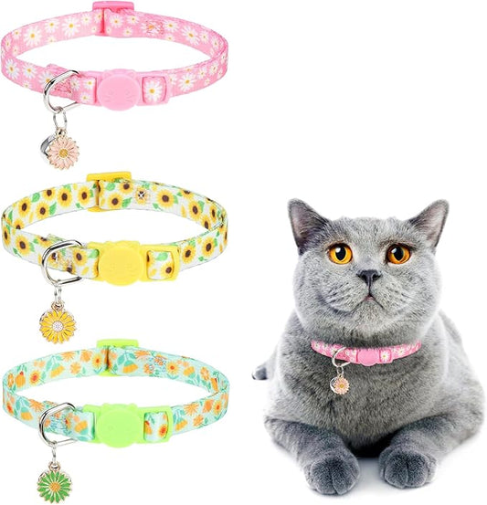 Cat Collars for Girl Cats, 3 Pack Spring Flower Cat Collars Breakaway with Bell for Outdoor Indoor Kitten, Cute Collar with Safety Buckle Adjustable 8"-12" for Kitty Puppy Small Pets, Floral