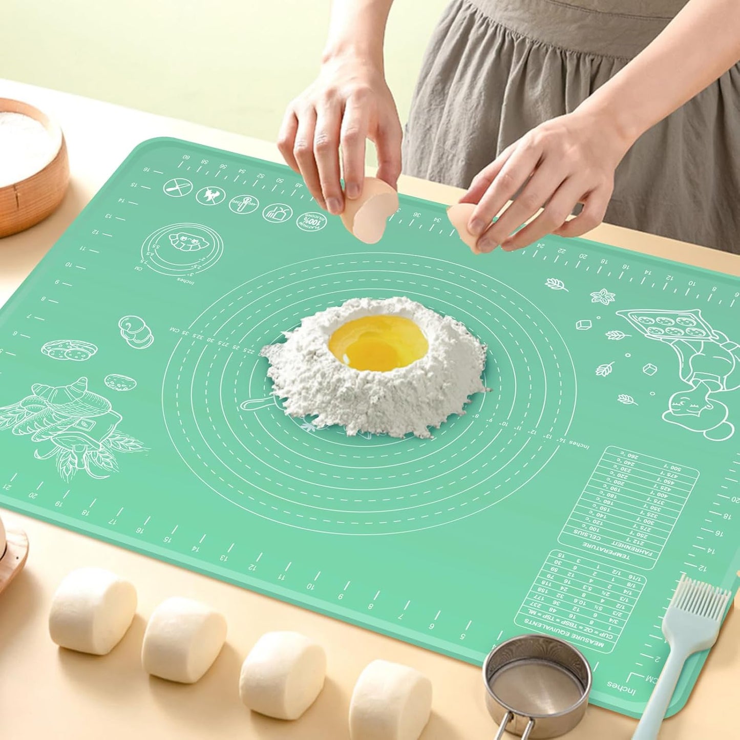 Silicone Pastry Mat 28" x 20" Extra Thick Non Stick Baking Mat with Measurements and Edge Heightening, Food Grade Silicone Rolling Mat for Pastry, Bread, Cookies, Pizza, Fondant, Pasta - Green