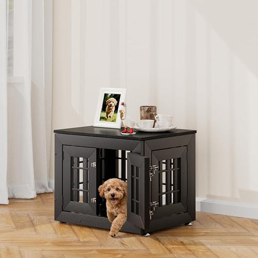 26" Heavy Duty Dog Crate Furniture for Small,Medium and Large Dogs,Rustic Wooden Dog Cage Kennel Indoor Furniture with Waterproof Top,Decorative Pet House Side End Table (Black)