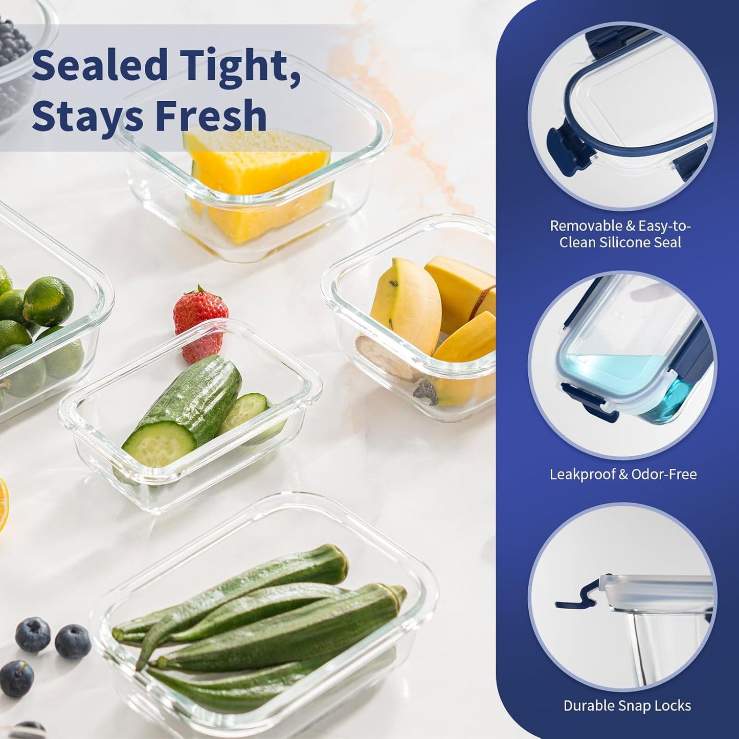 GENICOOK 30 Pieces Glass Food Storage Containers with Snap Locking Lids,Glass Meal Prep Containers Set - Airtight Lunch Containers, Microwave, Oven, Freezer and Dishwasher BLUE