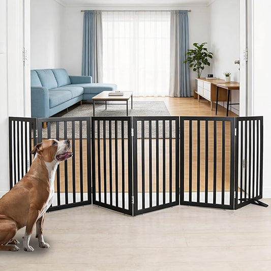 ZJSF Freestanding Indoor Dog Gate for House Foldable Wood Puppy Gate for Doorways Pet Gate for Stairs Extra Wide Pet Fence, Black, 32" Height 6 Panels
