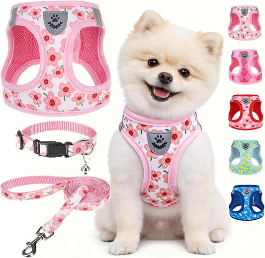 SCENEREAL Small Dog Harness and Leash Collar Set, Step in Soft Light Puppy Vest, Breathable Pet Harness for Small Sized Dogs, No Chock Reflective for Safe Outdoor Walking, Pink Flower S