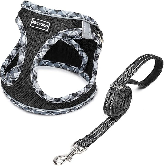 Mercano Soft Mesh Dog Harness and Leash Set, No-Chock Step-in Reflective Breathable Lightweight Easy Walk Vest Harnesses with Safety Buckle for Small Dogs, Cats (Black White, XL)
