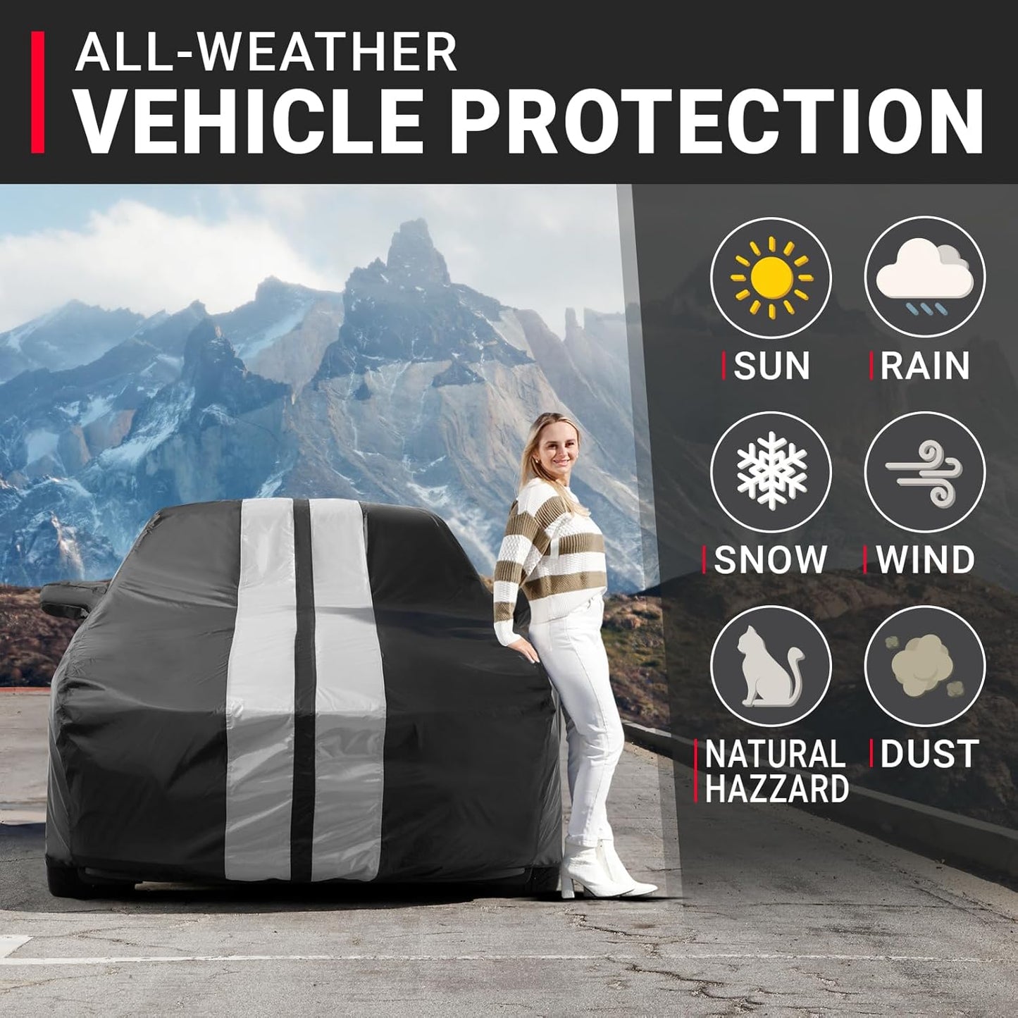 iCarCover Custom Car Cover for Pontiac G5 (2007-2010) Waterproof All-Weather Rain Snow UV Sun Protector Full Exterior Indoor Outdoor Car Cover (Stripe - Black/Gray)