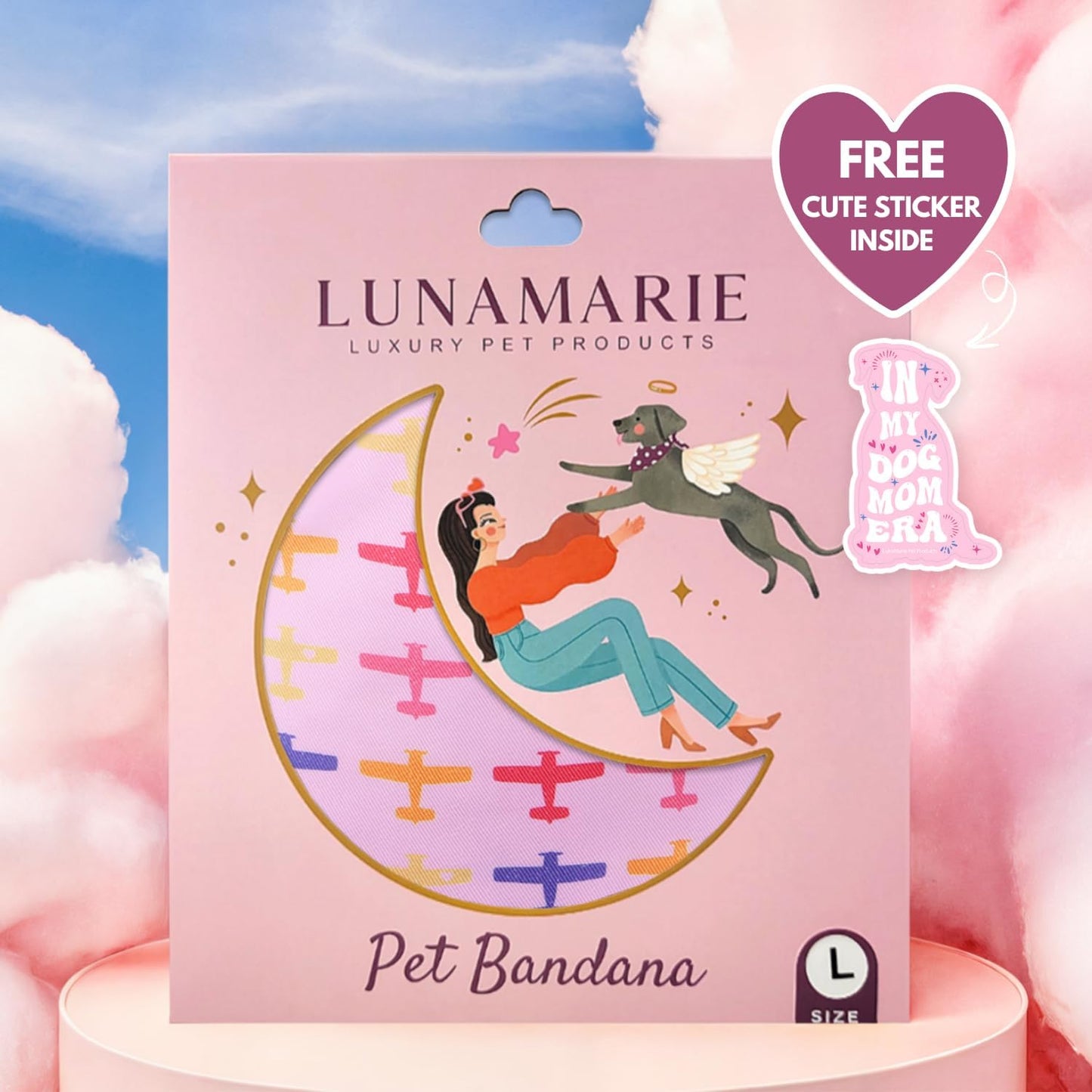 LunaMarie - Luxury Pet Birthday Bandanas -Premium & Silky Poly Fabric | 100% Handmade | Custom Shape Dual Layered (Aviator Glam, Large)