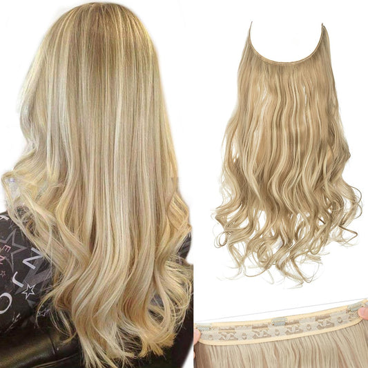 Sarla Invisible Wire Hair Extensions With 3 Clips Dirty Blonde Short Synthetic Wavy Curly Hairpiece Highlights Adjustable Transp
