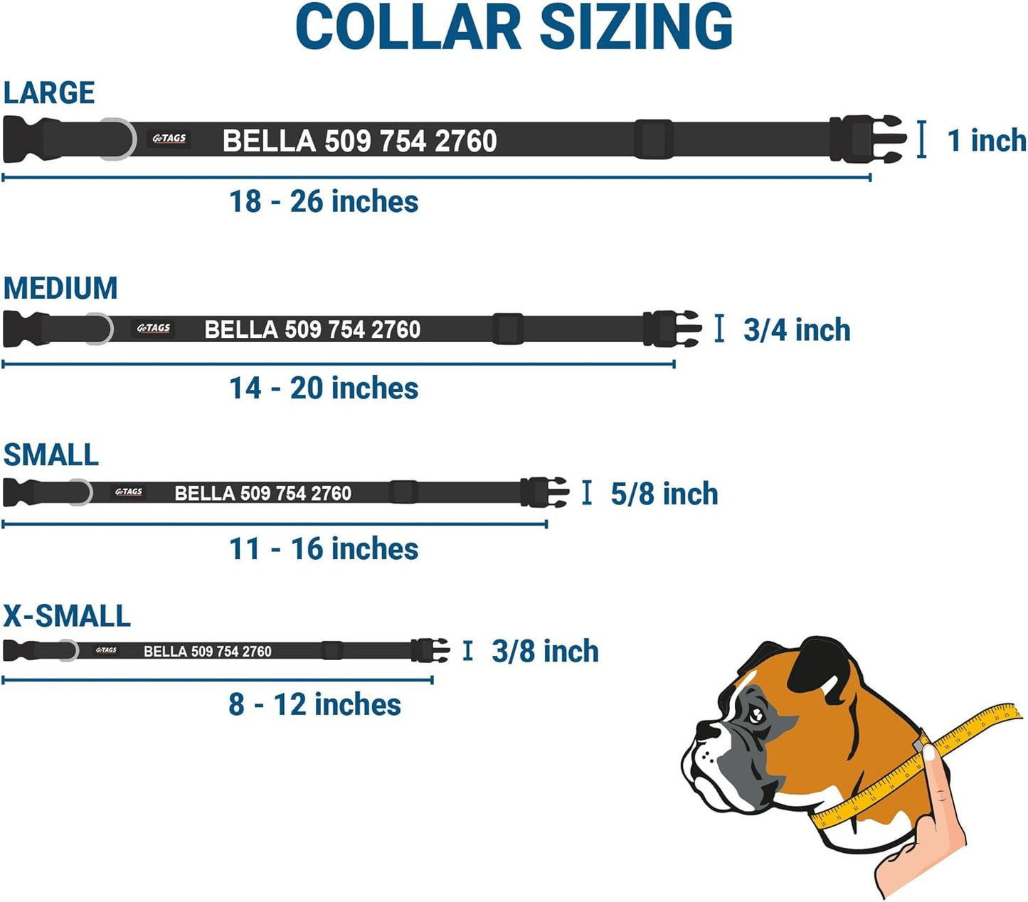 GoTags Reflective Personalized Dog Collar with Nameplate, Adjustable Dog Collar with Custom Engraved Steel Slide On Pet ID Tag, Silent, No Noise Dog Tag for Large Medium or Small (Light Blue, Large)