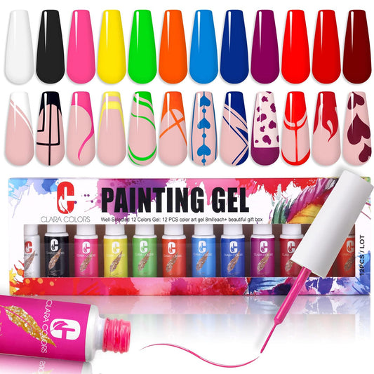 Clara Colors Gel Polish Nail Art Gel Liner Set, 12 Colors Gel Polish For Swirl French Tip Painting Designs Built Thin Nail Art B