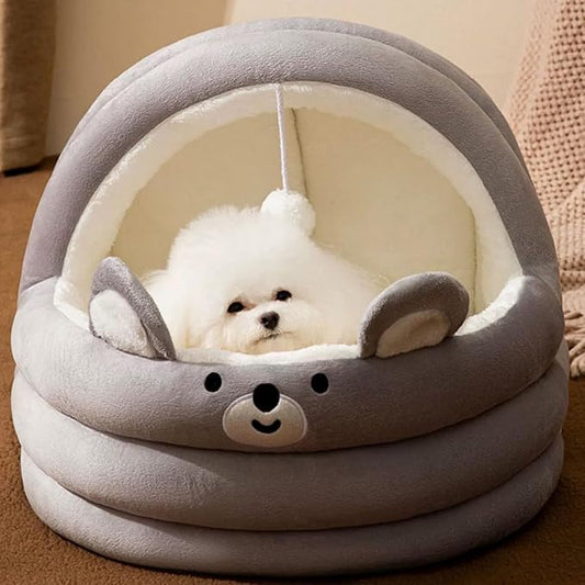 Cat Bed for Indoor Cats, Dog Bed with Anti-Slip Bottom, Rabbit-Shaped Cat/Small Dog Cave with Hanging Toy, Puppy Beds with Removable Cotton Pad, Super Soft Calming Pet Sofa Bed (Gray, Medium)