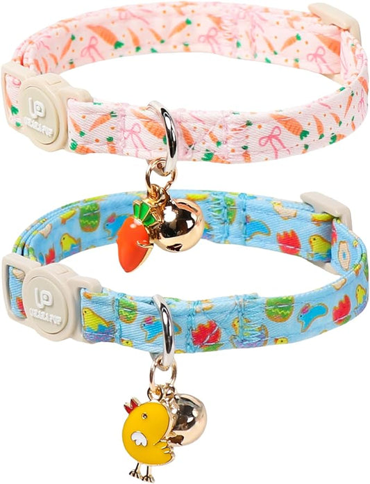 Cat Collar,2Pack Easter Day Cat Collars Cute Breakaway Kitty Collars,Easter Chicks & Carrots Cat Collar with Bell, Spring Pink Bow Kitten Collars with Safety Buckle for Girl & Boy Cats