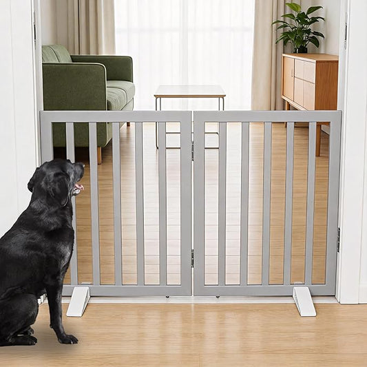 ZJSF Freestanding Indoor Dog Gate for House Foldable Wood Puppy Gate for Doorways Pet Gate for Stairs Extra Wide Pet Fence, Grey, 24" Height 2 Panels