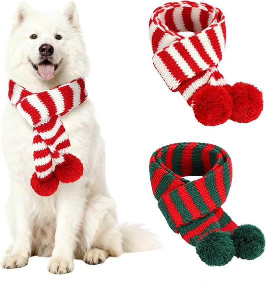 BWOGUE 2-Piece Knitted Dog Christmas Scarf & Bandana with Red and Green Pom Poms for Medium/Large Dogs - Winter Warm Holiday Pet Costume Accessory (Red, Green)