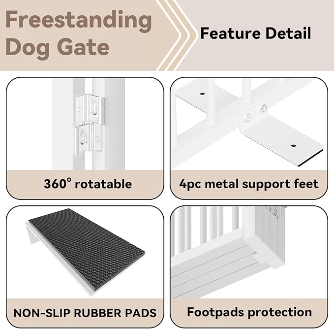 Full Metal Freestanding Dog Gate with Door, 32''Height Foldable Pet Dog Fence for Indoor & Outdoor, 2 Panels Extra Wide Free Standing TallDog Gates for Doorways,House,Stairs,Porch,Deck,Yard
