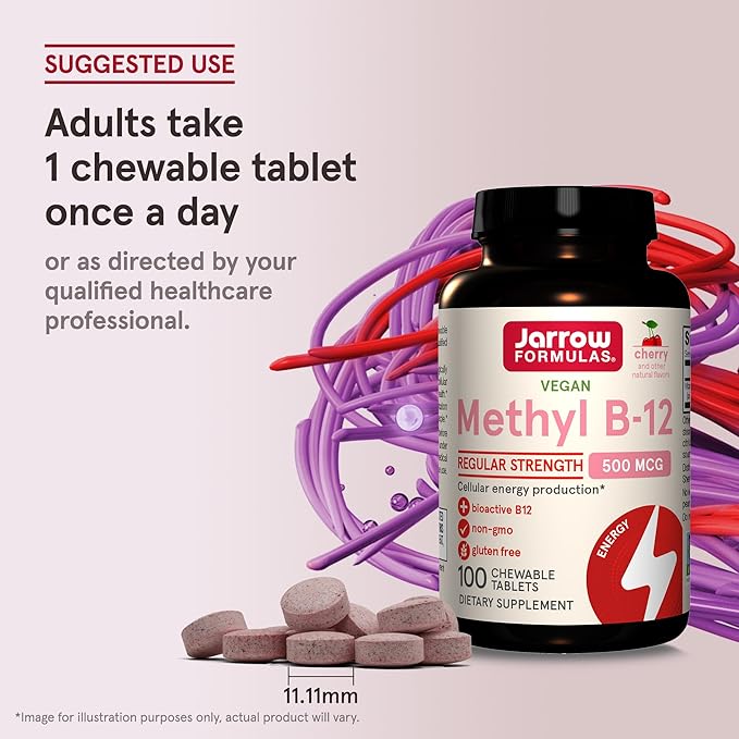 Jarrow Formulas® Methyl B-12 Tablets, 500 mg, Dietary Supplement For Cellular Energy Production and Brain Health Support, 100 Cherry Flavor Chewable Tablets, 100 Day Supply