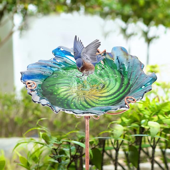 Glass Bird Bath Outdoor Birdbaths Garden Birdfeeder with Metal Stake Green(Height:26inch)