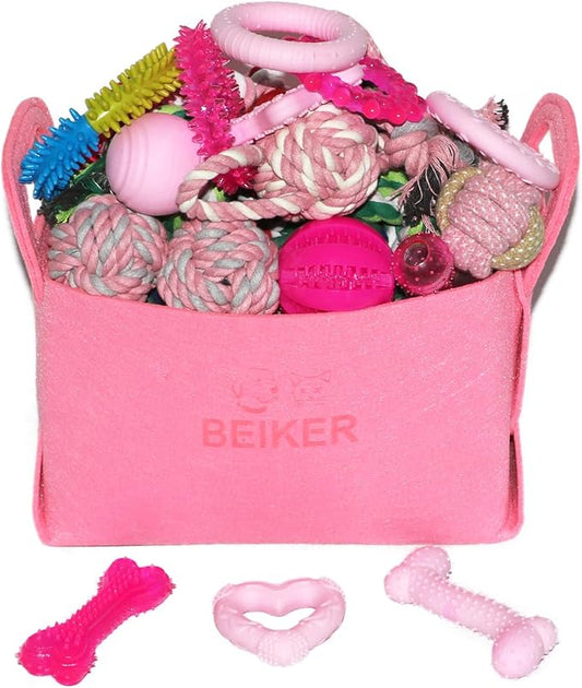 Beiker 20 Pack Pink Puppy Chew Toys - Dog Teething Toys for Puppies, Puppy Toys Toothbrush with Ropes, Soft Dogs Toy Bundle for Small Dogs, Cute Interactive Dog Balls for Chewers