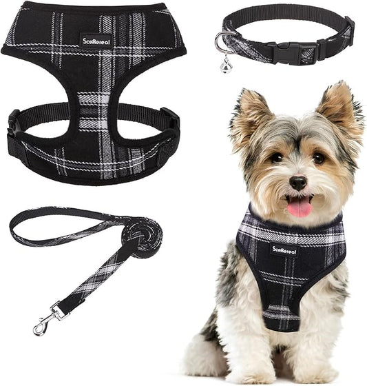 SCENEREAL No Pull Dog Harness Collar and Leash Set Small Medium Sized Dog, Soft Mesh Puppy Harnesses, No Chock Plaid Adjustable Pet Vest for Outdoor Walking Training and Running, Black XS