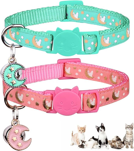 2Pcs Breakaway Cats Collars Cat Collars for Boy & Girl Cats Adjustable Kitten Collars with Bell,Pink+Teal