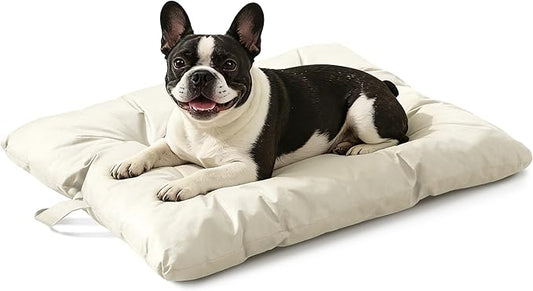 Chew Resistant Dog Bed for Medium Dogs - Durable 35"x22" Kennel Pad with Soft Plush Filling, Machine Washable Crate Mat for Aggressive Chewers, Indoor Outdoor Pet Bed, Beige