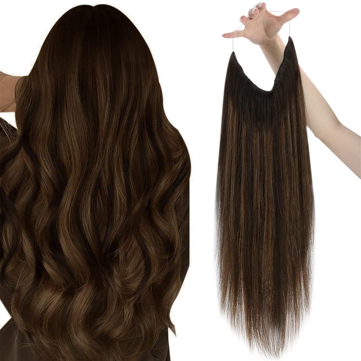 Sunny 24Inch Wire Hair Extensions Real Human Hair Brown Ombre Fishing Wire Human Hair Extensions Darkest Brown To Medium Brown B