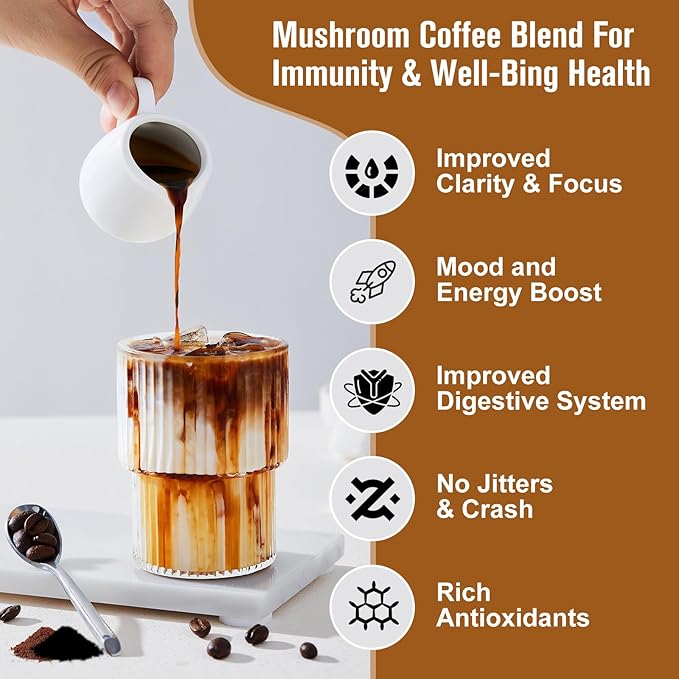 Mushroom Coffee - Lions Mane Mushroom Powder Instant Coffee with Lion's Mane, Reishi, Chaga, Cordyceps, and Turkey Tail - Mushroom Coffee Alternative for Energy, Mental Clarity & Focus, Brain Booster