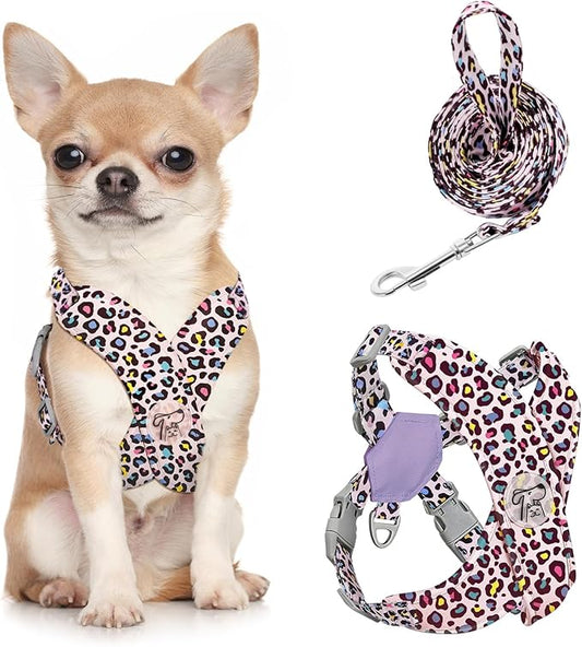 Pawaboo Small Dog Harness and Leash Set, Puppy Harness X-Frame No Pull No Choke, Dog Vest Harnesses Adjustable for Small Medium Sized Dogs,Soft Breathable Pet Harnesses for Walking, S, Pink Leopard