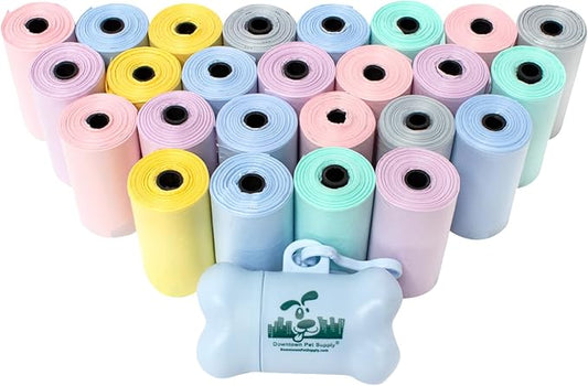 Downtown Pet Supply Unscented Poop Bags for Dogs with Dispenser, 500 Count - Leak-Proof Dog Waste Bags and Bone-Shaped Dog Poop Bags Holder for Leash - Pastel Rainbow, 12.5" x 8.5"