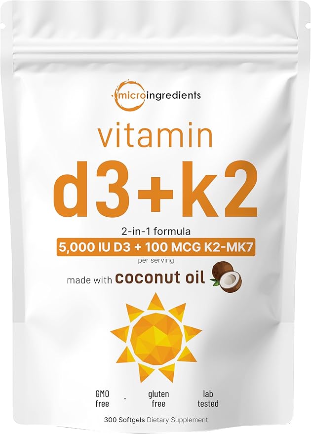Micro Ingredients Oil of Oregano Softgels 6,000mg Per Serving & Vitamin D3 5000 IU Plus K2 (MK-7) 100 mcg, 300 Virgin Coconut Oil Softgels Bundle Pack | 4X Strength Carvacrol & Thymoquinon | Essential