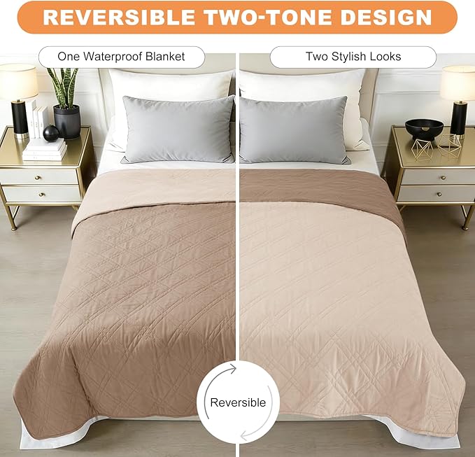 100% Waterproof Dog Couch Protector, Triple-Layer Waterproof Dog Bed Cover Pet Blanket Reversible 2-Tone Sofa Shield, Non-Slip Furniture Guard for Pets(68×82 Inch, Taupe+Apricot)