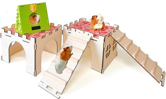 2PCS Guinea Pig Hideout,Large Wooden Guinea Pigs House with Stairs and Mats,Detachable Guinea Pig Castle Hide for Small Animals Hamster Chinchilla Ferret Habitats Accessories