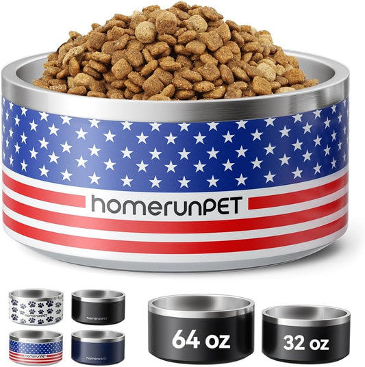Dog Bowl, HomeRunPet Dog Food Water Bowl with Non-Slip Rubber Base, Metal Insulated Stainless Steel Dog Bowls, Double Wall Dog Bowl for Small Medium Large Dogs, Durable, Dishwasher Safe, 64oz