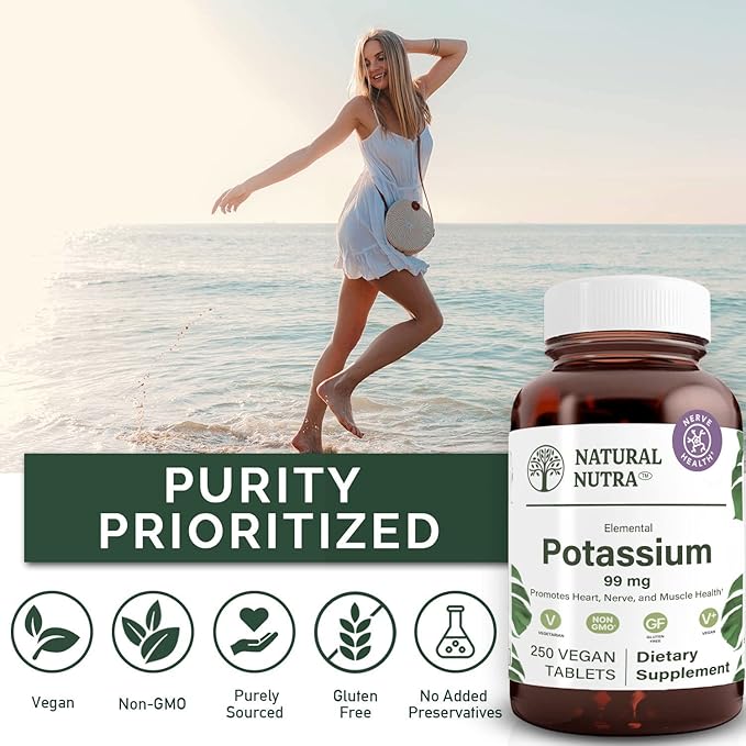 Natural Nutra Elemental Potassium Gluconate 99 mg Dietary Supplement – Promotes Energy, Helps Boost Nervous System, Promotes Heart Health, Mineral Regulation, Muscle Function - 250 Vegan Tablets