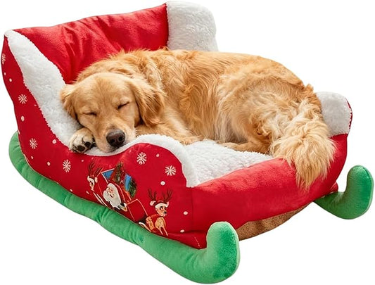 Christmas Dog - Bed Plush Sleigh Pet Bed with Anti-Slip Bottom for Cozy Comfort, Indoor Outdoor Puppy Cushion for Bedroom Living Room Home Winter Balcony Gathering Holiday Pet Furniture Accessories